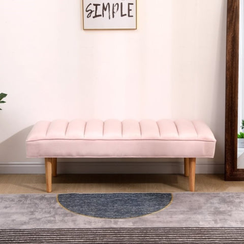 ZUN Pink Velvet Upholstered Bench Channel Tufted Bedroom Ottoman with Wood Legs Home Furniture W1757125843