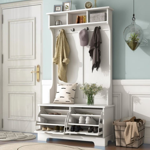 ZUN ON-TREND All in One Hall Tree with 3 Top Shelves and 2 Flip Shoe Storage Drawers, WF300971AAK