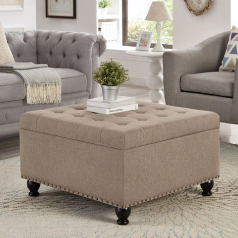 ZUN Large square storage ottoman with wooden legs, Upholstered button tufted coffee table with nail W2186142956