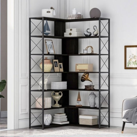 ZUN 7-Tier Bookcase Home Office Bookshelf, L-Shaped Corner Bookcase with Metal Frame, Industrial Style WF290123AAB
