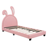ZUN Twin Size Upholstered Leather Platform Bed with Rabbit Ornament, Pink WF299137AAH