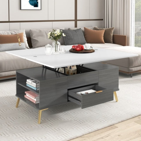ZUN Modern Lift Top Coffee Table Multi Functional Table with Drawers in Gray & White WF307471AAG