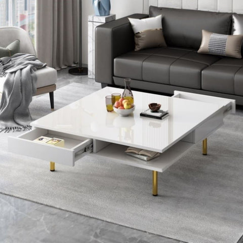 ZUN ON-TREND Exquisite High Gloss Coffee Table with 4 Golden Legs and 2 Small Drawers, 2-Tier Square WF315490AAK