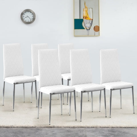 ZUN Grid armless high backrest dining chair, 6-piece set of white chairs and plated silver legs, office W1151107276