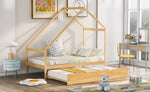 ZUN Twin Size Wooden House Bed With Twin Size Trundle, Natural WF199747AAD