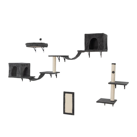 ZUN Wall-mounted Cat Tree, Cat Furniture with 2 Cat Condos House, 3 Cat Wall Shelves, 2 Ladder, 1 Cat W2181P144445