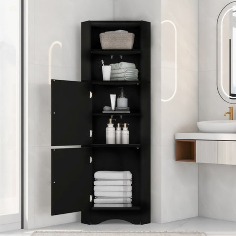 ZUN Tall Bathroom Corner Cabinet, Freestanding Storage Cabinet with Doors and Adjustable Shelves, MDF WF293800AAB