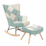 ZUN Rocking Chair with ottoman, Mid Century Fabric Rocker Chair with Wood Legs and Patchwork Linen for W1095P143659