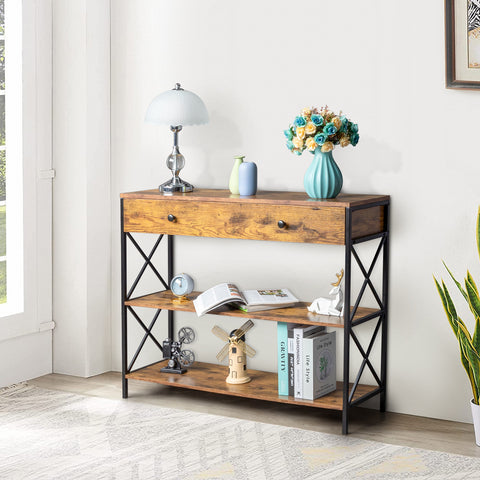 ZUN 3 Tier Console Table Entryway with Drawer and 2 Open Storage, Industrial Sofa Table with Storage 75745360