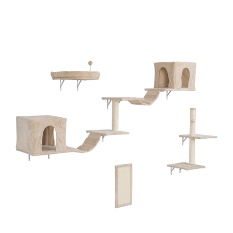 ZUN Wall-mounted Cat Tree, Cat Furniture with 2 Cat Condos House, 3 Cat Wall Shelves, 2 Ladder, 1 Cat W2181P153126