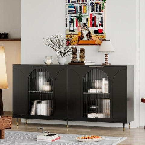 ZUN Accent Cabinet Black Lacquered Wooden Cabinet with 4 Glass Doors Sideboard Buffet Server Cabinet W1435133310