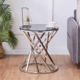 ZUN Set of 1 Round Glass Top Side Table for Living Room- Black Grey Tempered Glass & Silver Stainless W133084056