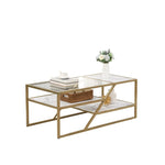 ZUN Golden Coffee Table with Storage Shelf, Tempered Glass Coffee Table with Metal Frame for Living W82151003