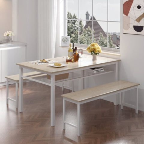 ZUN 3 Pieces Farmhouse Kitchen Table Set with Two Benches, Metal Frame and MDF Board,white W57868887