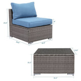 ZUN 2 Pieces Patio Armless Blue Brown Single Rattan Wicker Sofa Couches Furniture With End Side Table W1828140351