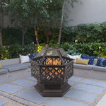 ZUN 22" Hexagonal Shaped Iron Brazier Wood Pit Decoration for Backyard Poolside 90312473