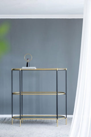 ZUN 48.5x16.5x50" 3-Tier Metal Console Table, Black Gold Mirrored Shelf W2078125787