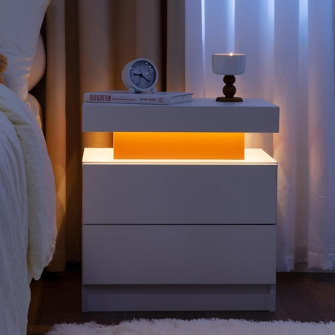 ZUN Nightstand LED Bedside Table Cabinet Lights Modern End Side with 2 Drawers for Bedroom W2178138744