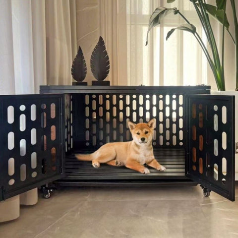ZUN Dog Crate End Table with Cushion and Hooks, Furniture Style Mesh Pet Kennels, Dog House Indoor Use W135082859