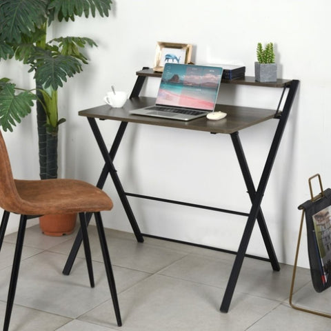 ZUN 29.6" foldable desk with tier - WALNUT & BLACK W131472829