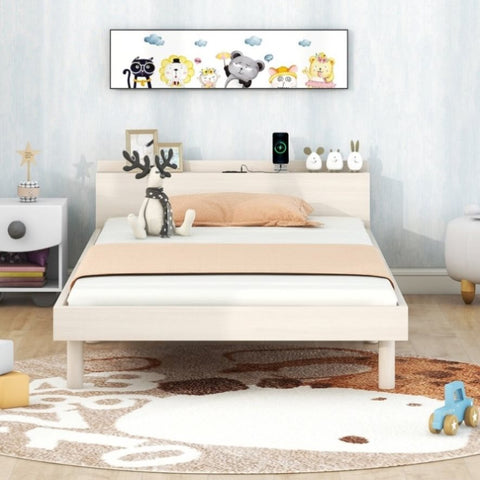 ZUN Modern Design Twin Size Platform Bed Frame with Built-in USB Ports for White Washed Color W697123297