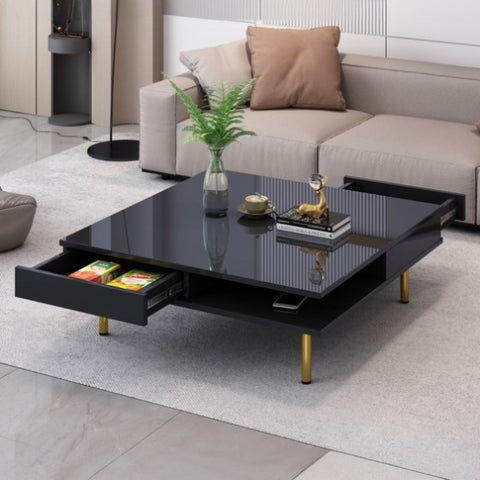 ZUN ON-TREND Exquisite High Gloss Coffee Table with 4 Golden Legs and 2 Small Drawers, 2-Tier Square WF315490AAB