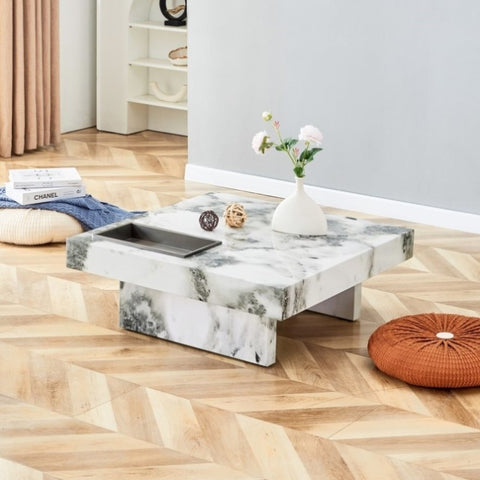 ZUN A modern and practical coffee table, black and white in imitation marble pattern, made of MDF W1151119880