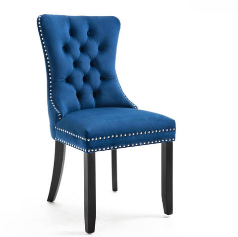 ZUN Upholstered Button Tufted Back Blue Velvet Dining Chair with Nailhead Trim and Solid Wood Legs 2 W28604601