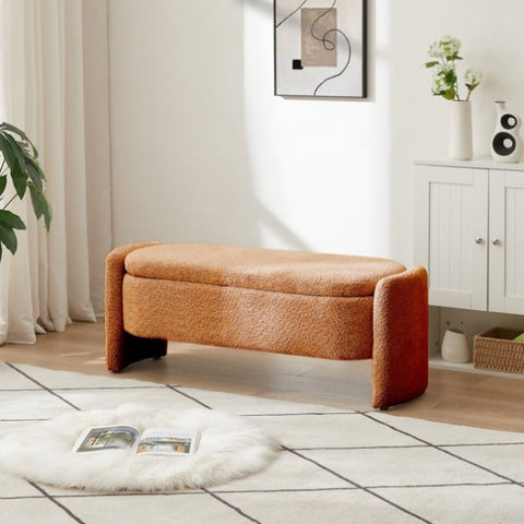ZUN Ottoman Oval Storage Bench 3D Lamb Fleece Fabric Bench with Large Storage Space for the Living Room, W1825133472
