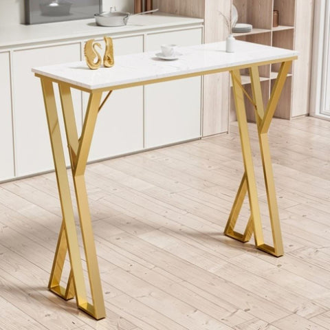 ZUN 47" Modern High White Bar Table with Golden Double Pedestal WF322495AAG