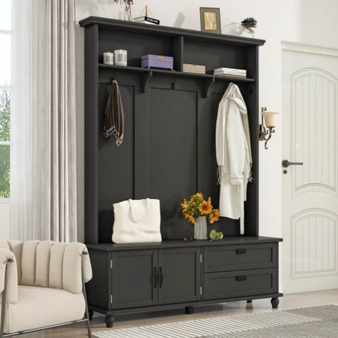 ZUN ON-TREND Modern Style Hall Tree with Storage Cabinet and 2 Large Drawers, Widen Mudroom Bench with 5 WF306450AAB