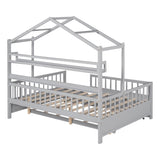 ZUN Wooden Full Size House Bed with Twin Size Trundle,Kids Bed with Shelf, Gray WF301683AAE