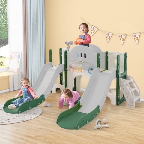 ZUN Kids Slide Playset Structure 7 in 1, Freestanding Spaceship Set with Slide, Arch Tunnel, Ring Toss PP322884AAF
