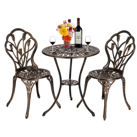 ZUN European Style Cast Aluminum Outdoor 3 Piece Tulip Bistro Set of Table and Chairs Bronze 34751352