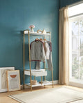 ZUN Metal Clothes Rack Open Wardrobe Free Standing with One Drawer Hanging Clothes Rod – White & Gold B107P147853