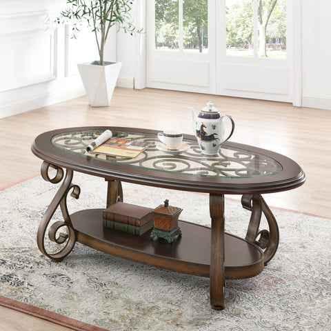 ZUN Coffee Table with Glass Table Top and Powder Coat Finish Metal Legs,Dark Brown （52.5"X28.5"X19.5") 15456244