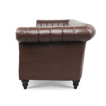 ZUN 83.46'' Brown PU Rolled Arm Chesterfield Three Seater Sofa. W68031446