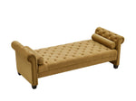 ZUN Brown, Solid Wood Legs Velvet Rectangular Sofa Bench with Attached Cylindrical Pillows 83182939