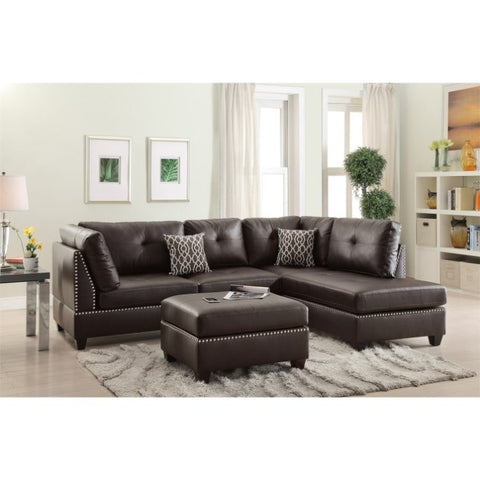 ZUN Faux Leather Reversible Sectional Sofa with Ottoman in Espresso B01682365