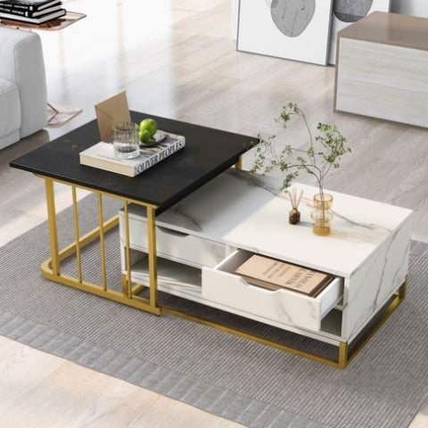 ZUN U-Can Modern Marble Nesting Golden Coffee Table Set of 2, Metal Frame, with Drawers & Shelves WF306722AAB