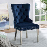 ZUN Set of 2 Wingback Dining Chairs with Button Tufted Back in Blue and Chrome B016P156857