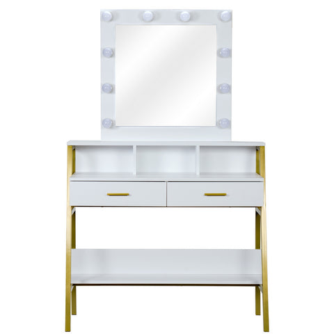 ZUN Single Mirror With 2 Drawers, With Shelf With Light Bulb, Steel Frame Dressing Table White 83353651