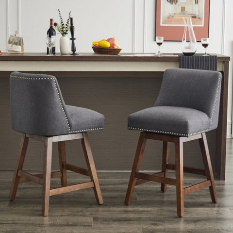 ZUN 26" Upholstered Swivel Bar Stools Set of 2, Modern Linen Fabric High Back Counter Stools with Nail W1893123702