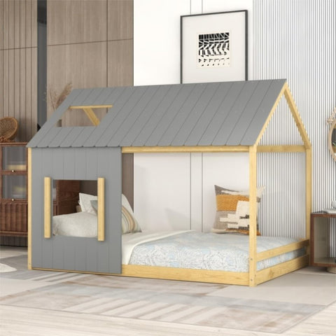 ZUN Full Size House Bed with Roof and Window - Gray+Natural WF296898AAD