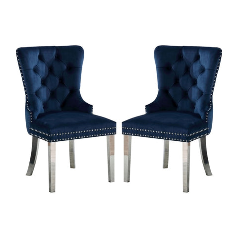 ZUN Set of 2 Wingback Dining Chairs with Button Tufted Back in Blue and Chrome B016P156857