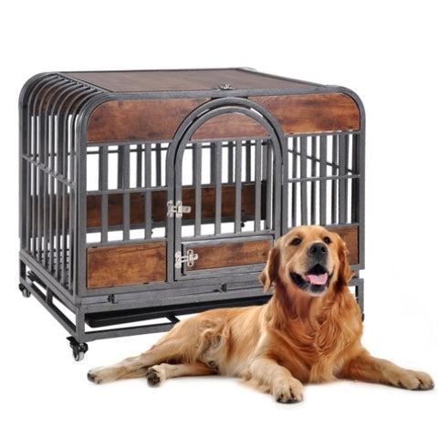 ZUN 46in Heavy Duty Dog Crate, Furniture Style Dog Crate with Removable Trays and Wheels for High W1863125114