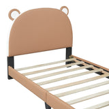 ZUN Twin Size Upholstered Platform Bed with Bear-shaped Headboard and Footboard,Brown+White WF307328AAD
