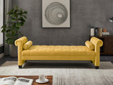 ZUN Yellow, Solid Wood Legs Velvet Rectangular Sofa Bench with Attached Cylindrical Pillows 69454447