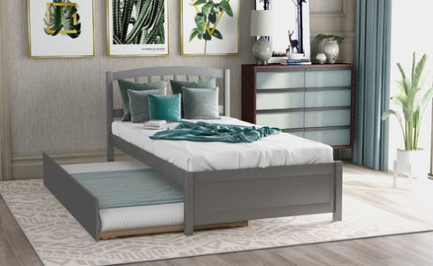 ZUN Twin size Platform Bed Wood Bed Frame with Trundle, Gray WF194302AAE