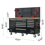 ZUN Heavy-Duty 62 in. 10-Drawer Black Tool Chest Mobile Workbench Cabinet with Pegboard Back Wall W123485014